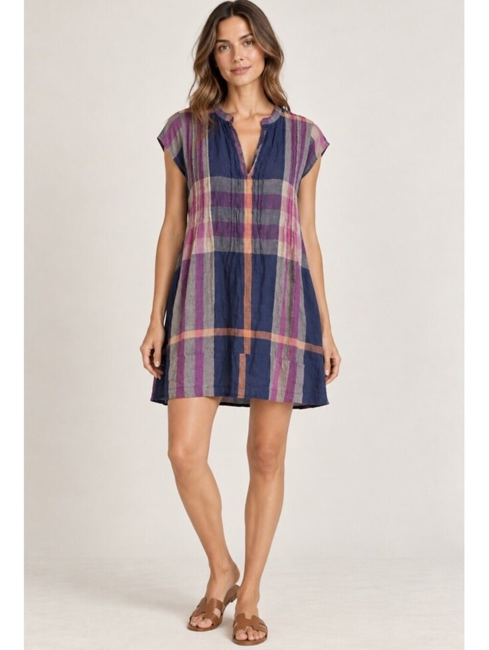 CP Shades Women’s Small Plaid Linen Tunic Dress Navy Purple Pintuck Boho